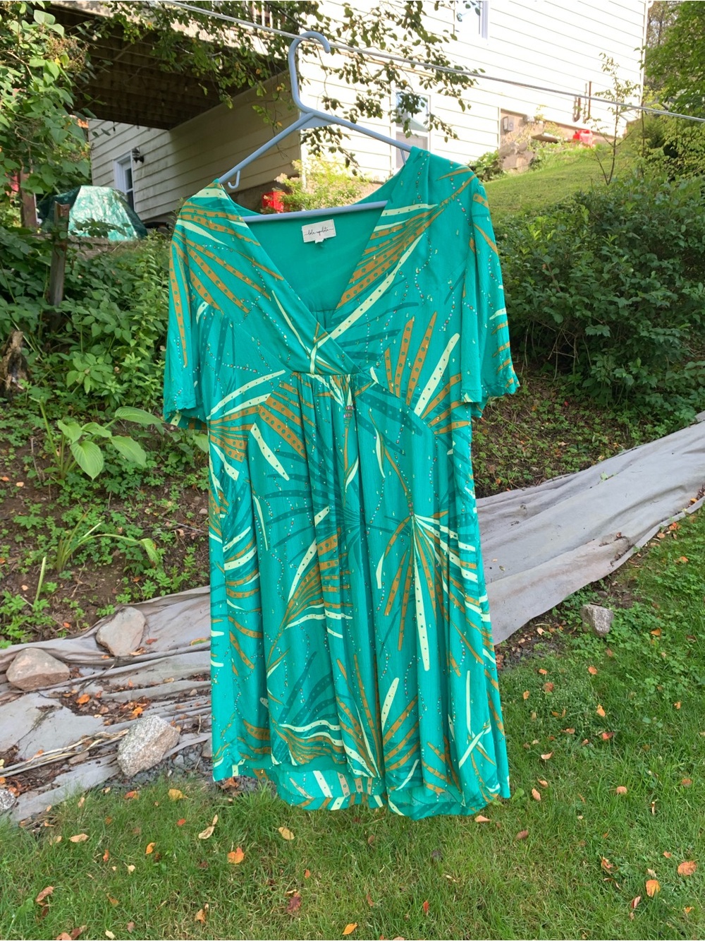 Aqua Green Tropical Print V-Neck Dress